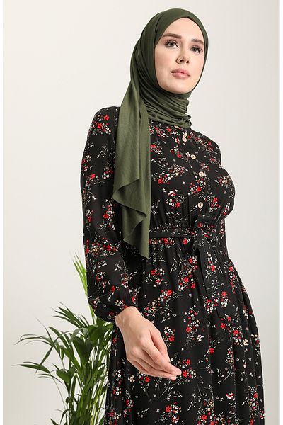 sefamerve Μαύρο Φόρεμα Βισκόζης - Floral Pattern, Model 5068-01