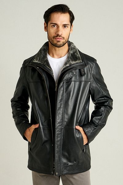 Derimod Men's Black Furry Leather Coat - Double Collar, Eduardo 14wge61031m