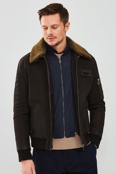 Derimod Falcon Men's Brown Embroidered Collar Furry Leather Pilot Jacket 22Wgd6262Kn