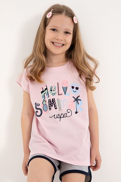U.S. Polo Assn. Girl's Light Pink Crew Neck Printed Cotton T-Shirt 50306190-Vr078
