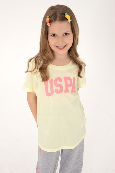 U.S. Polo Assn. Girl's Lemon Crew Neck Cotton Glitter Uspa Printed Basic T-Shirt 50306042-Vr035