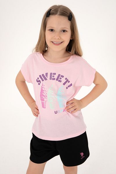 U.S. Polo Assn. Girls Light Pink Crew Neck Ice Cream Printed Cotton T-Shirt 50306169-Vr078
