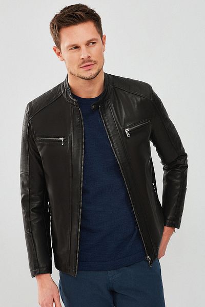 Derimod Men's Black Sports Leather Jacket - Dali 22sgm6348ve