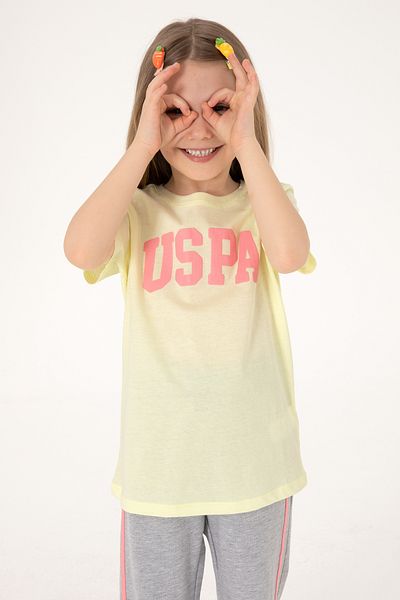 U.S. Polo Assn. Girl's Lemon Crew Neck Cotton Glitter Uspa Printed Basic T-Shirt 50306042-Vr035