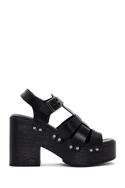 Derimod Women's Black Thick Heeled Shoes Buckle Genuine Leather Sandals 24Sfd152118