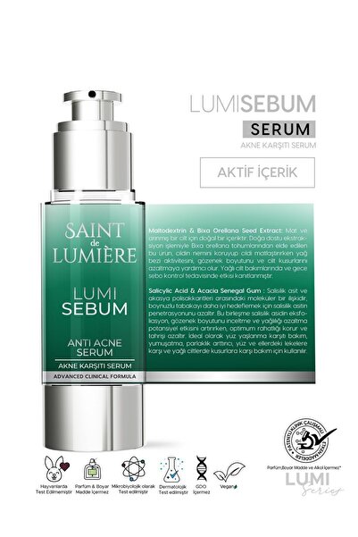SAINT DE LUMIERE LUMISEBUM Akne,Siyah Nokta ve Leke Karşıtı,Sebum Dengeleyici Matlaştırıcı ve Nemlendirici Serum 30ml
