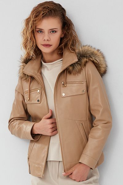 Derimod Monica Women's Beige Leather Coat - Hooded and Fur Collar 23wge5121r3
