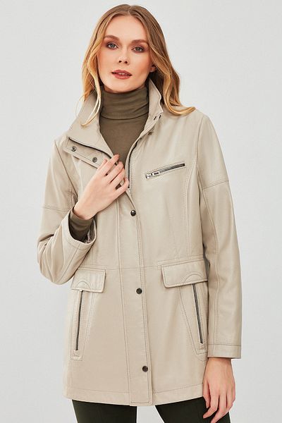 Derimod Agatha Beige Hooded Long Leather Women's Coat - 23wge5940r3