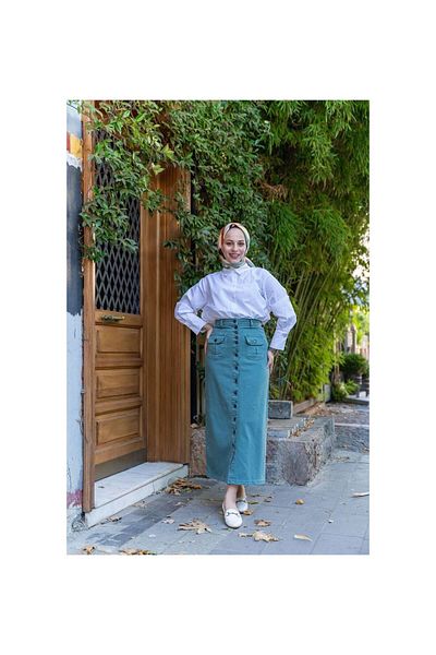 VELLICHOR Fusta hijab cu buzunar cu burduf cu nasturi înalți Verde turcoaz antic-638