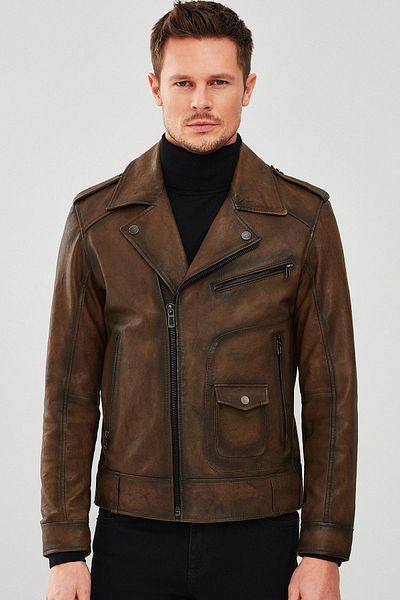 Derimod Carter Men's Biker Leather Coat - Brown, 23wgd6490m5
