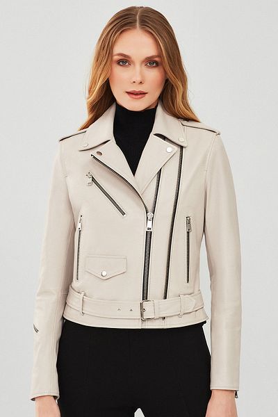 Derimod Beige Biker Leather Women's Jacket - London 23wgd5146ve