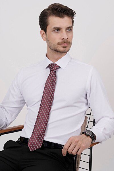 Etikmen Set de cravate cu model pătrat din Dobby alb și burgundă