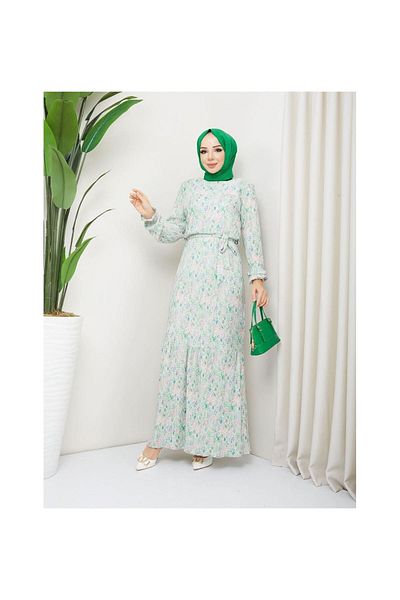 VELLICHOR Pleated Viscose Fabric Floral Patterned Dress - Green Green-834