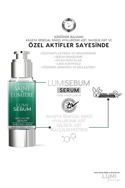 SAINT DE LUMIERE LUMISEBUM Akne,Siyah Nokta ve Leke Karşıtı,Sebum Dengeleyici Matlaştırıcı ve Nemlendirici Serum 30ml