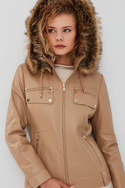 Derimod Monica Women's Beige Leather Coat - Hooded and Fur Collar 23wge5121r3