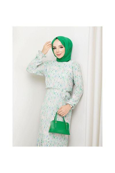 VELLICHOR Pleated Viscose Fabric Floral Patterned Dress - Green Green-834