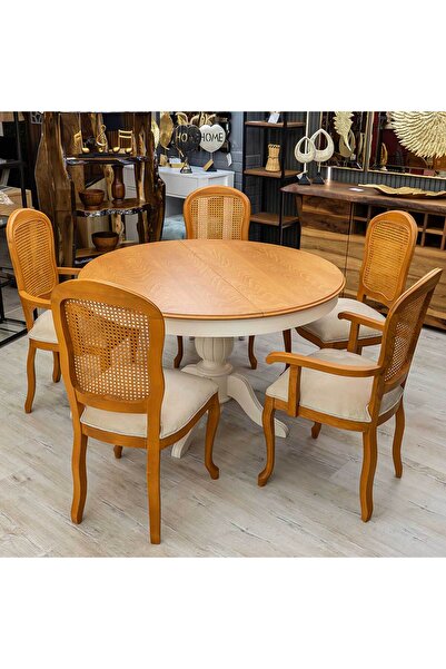 Reyo 100cm Açılır Yuvarlak Baba Ayaklı Yemek Masası Mutfak Masası Beyaz-naturel ( Açılır 130cm)