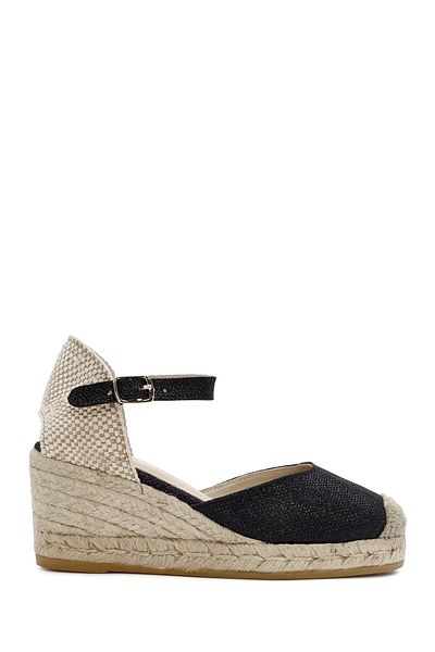 Derimod Black Leather Wedge Heeled Espadrille - With Ankle Strap, 24SFD152214