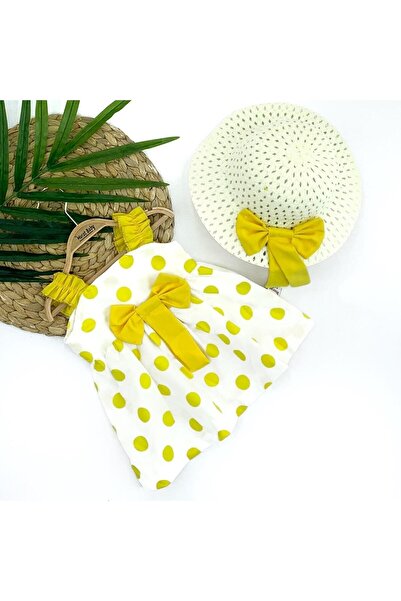 Masal Dünyası Bursa Puantiyeli Fiyonklu Hasır Şapkalı Kız Bebek Elbise 6-24 Ay 5 Renk