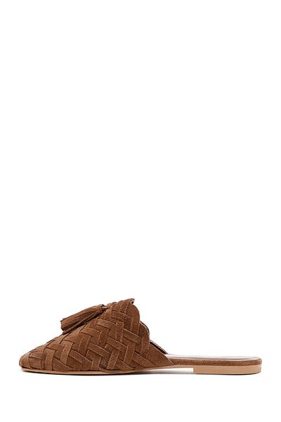Derimod Tan Colored Women's Knitted Leather Slippers - 24SFD 290029