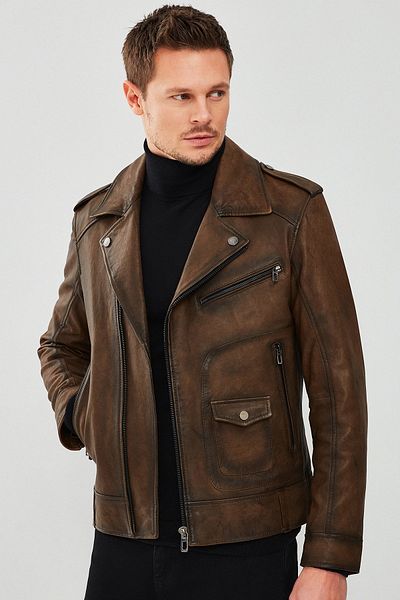 Derimod Carter Men's Biker Leather Coat - Brown, 23wgd6490m5