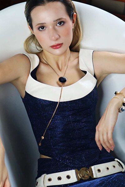 LARA ARI Ekru Yaka Detaylı Işıltılı Lacivert Bağcıklı Korse