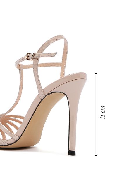 Derimod Women's Beige Ankle Strap Thin Heeled Shoes Patent Leather Genuine Leather Sandals 24Sfd100616