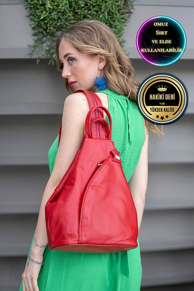 CüzCan Viente Red Genuine Leather Women's Hand Shoulder and Backpack