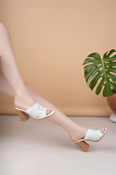 Nesil Shoes Myshoes 2200 White Genuine Soft Leather Women's Heeled Slippers