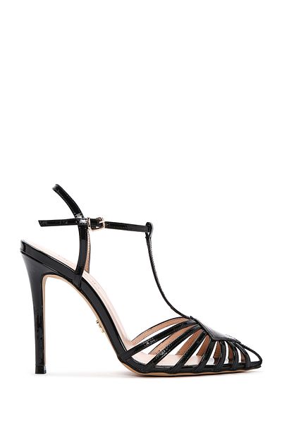 Derimod Women's Black Ankle Strap Thin Heeled Shoes Patent Leather Genuine Leather Sandals 24Sfd100616