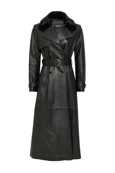Derimod Jenny Women's Black Collar Furry Belt Detail Leather Trench Coat 23Wge51681M