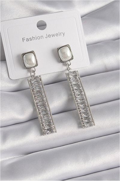 Clariss Brass Silver Color Square Pearl Zircon Stone Waterway Model Women's Earrings - Tj-Bkp9609