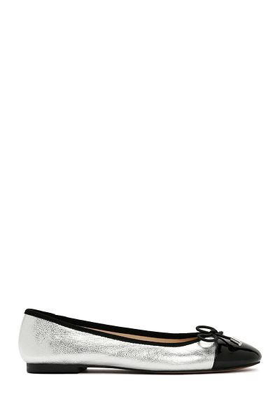 Derimod Women's Silver Buckle Detailed Genuine Leather Summer Ballerina Shoes 24Sfd550114