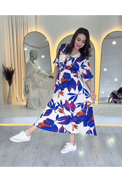 zks grup tekstil Plava haljina sa šišmiš rukavima Blue Leaf Sa deznom za žene