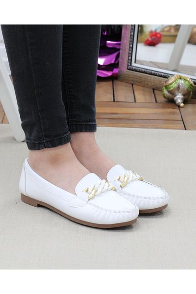 Nesil Shoes Neyna 23027 Balerini anatomici pentru femei cu cataramă cu lanț alb