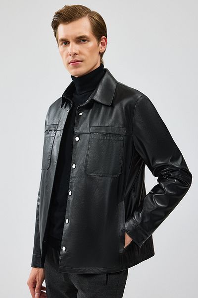 Derimod Enzo Men's Leather Jacket - Shirt Collar, Black 24SGE65241m
