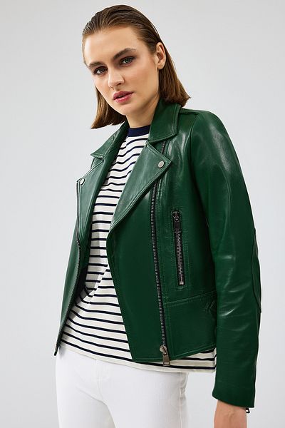 Derimod Latoya Women's Green Biker Leather Jacket 24Sgd5059Ve