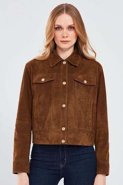 Derimod Amber Women's - Shirt Collar Short Suede Leather Jacket, Brown 24sge 519810