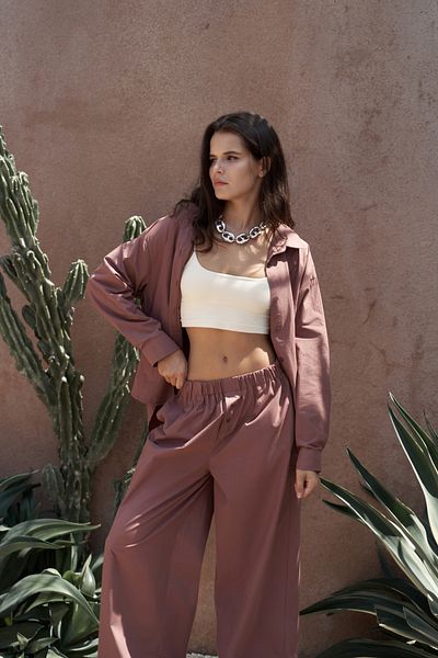 MAİ COLLECTİON Mirabella Light Burgundy Shirt Pants Set