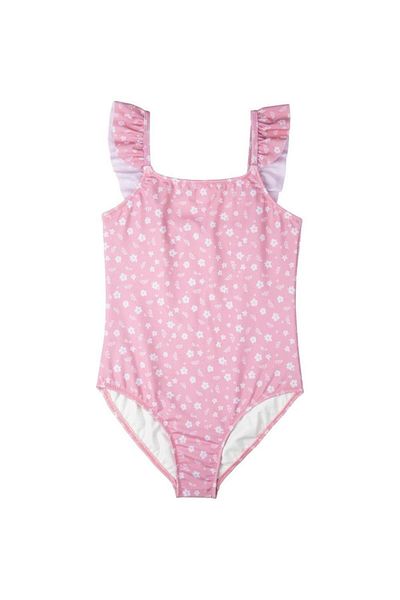 Swimfoam Pink Floral Patterned Ruffle Swimsuit for Girls