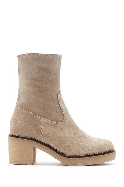 Derimod Beige Suede Leather Short Heeled Boots - Zipper Detailed, 24WFD 150910