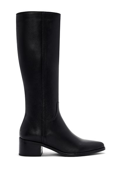 Derimod Women's Black Zippered Thick Heeled Leather Boots 24Wfd 153018
