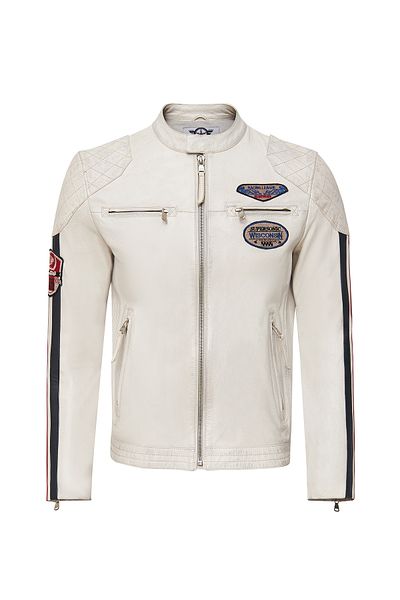 Derimod Storm Men's White Slim-Fit Emblem Leather Coat 24Sgm6525Wf