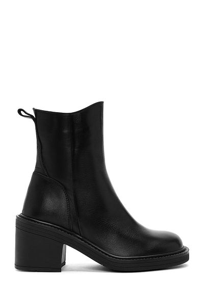 Derimod Black Thick Heeled Zippered Leather Women's Boots - 24wfd 550418