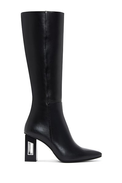 Derimod Black Leather Zippered Women's Heeled Boots - 24Wfd 132218