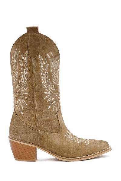 Derimod Women's Mink Suede Leather Heeled Cowboy Boots 24Wfd 152610