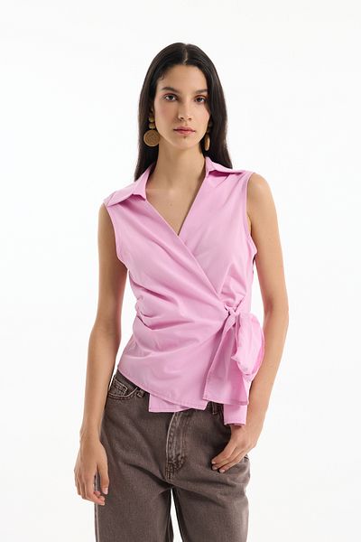Quzu Double Breasted Collar Tie Sleeveless Blouse Pink