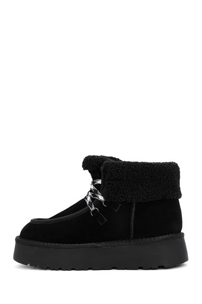Derimod Women's Black Thick Soled Furry Suede Leather Boots 24Wfd 405010