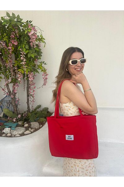 bee store Red Lined, Pocketed, Suitable for Daily Use, Cloth, Fabric Bag, Arm and Shoulder Bag