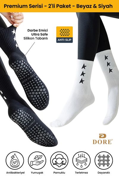 Dore Original New Season Unisex 2 Pairs Non-Slip Pilates and Yoga Non-Slip Sole Socks White - Black